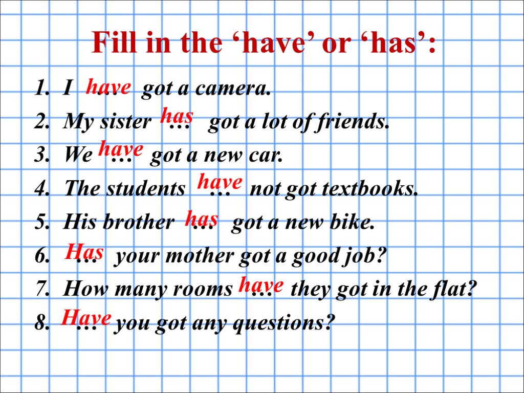 Fill in the ‘have’ or ‘has’: I … got a camera. My sister …